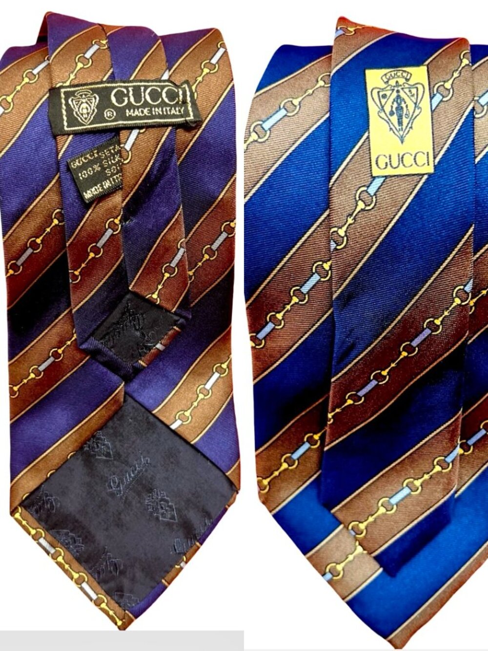 Classic Smooth Gucci Neck-Tie 100% silk blue brown gold striped, Italy Made ( 42